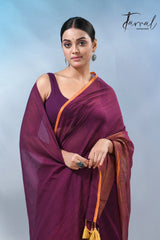 Magenta with yellow border cheack mul cotton handloom sarees