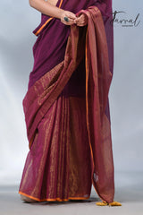 Magenta with yellow border cheack mul cotton handloom sarees