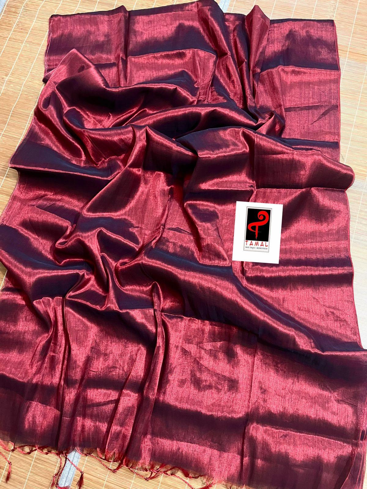 Maroon tissue handloom saree with blouse piece - Tamal Boutique