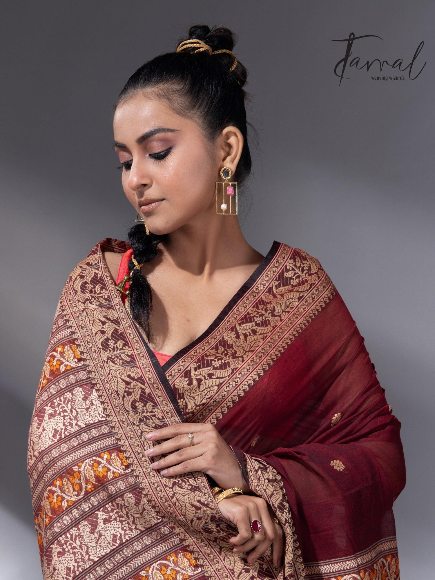 Maroon Colour baluchari Handwoven Jamdani saree - Tamal Boutique