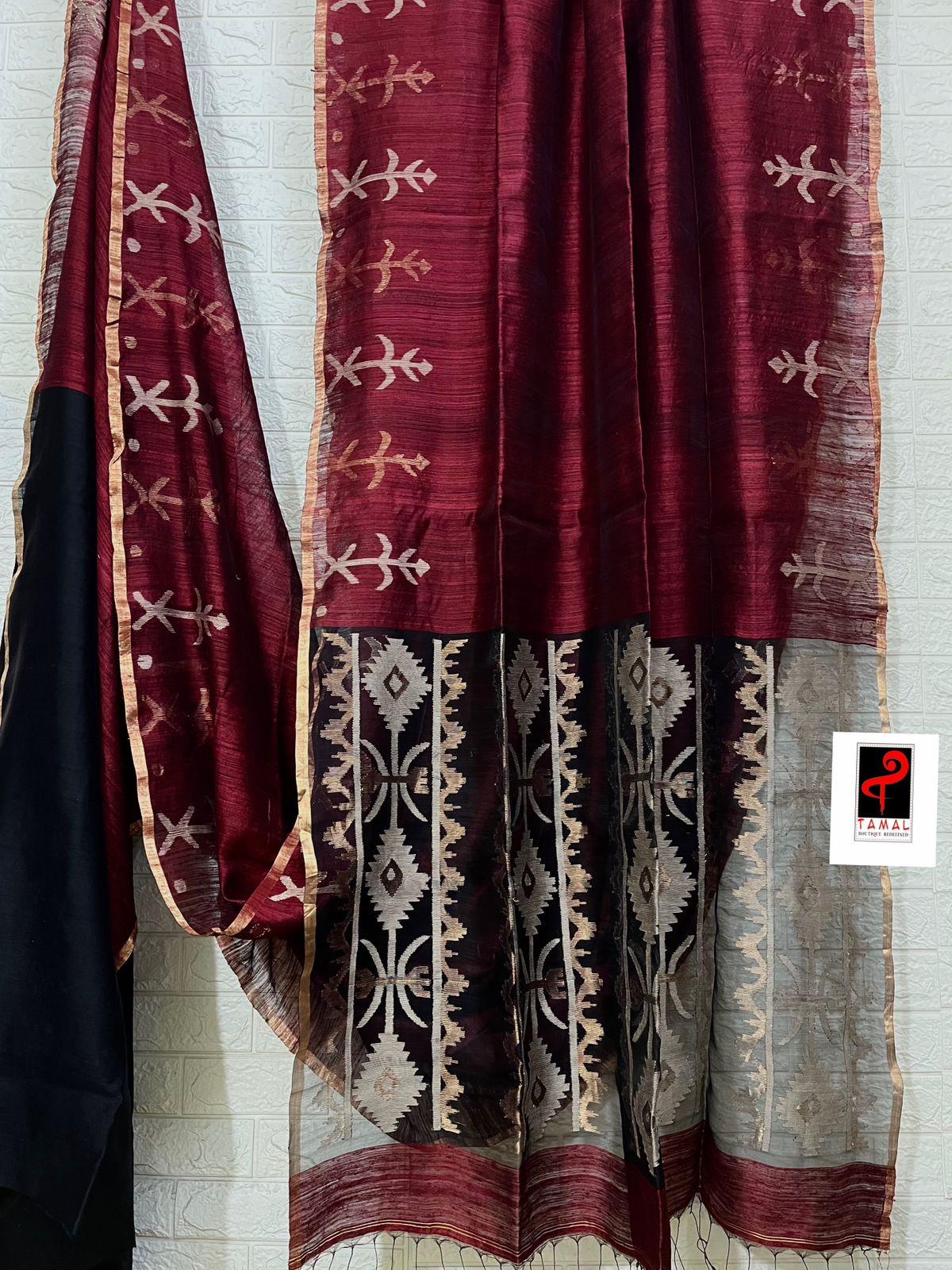 Maroon with golden zari matka silk handwoven jamdani saree - Tamal Boutique