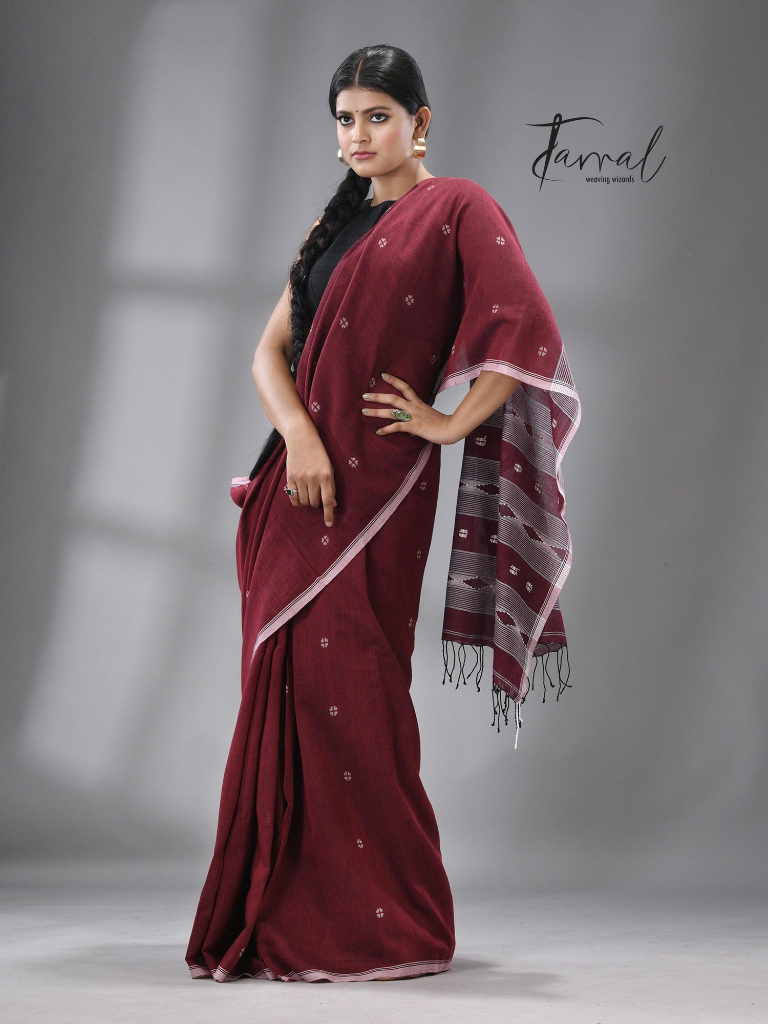 Maroon with white border pure cotton handwoven jamdani sarees