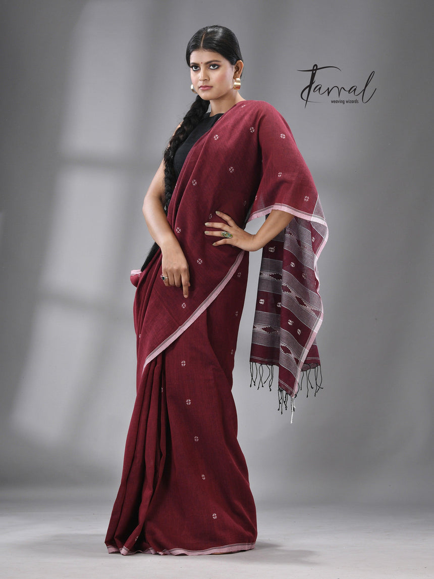 Maroon with white border pure cotton handwoven jamdani sarees