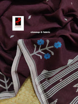 Maroon with white border tree motifs cotton handwoven jamdani saree - Tamal Boutique