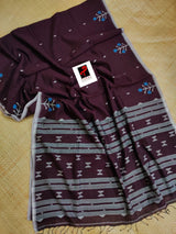 Maroon with white border tree motifs cotton handwoven jamdani saree - Tamal Boutique