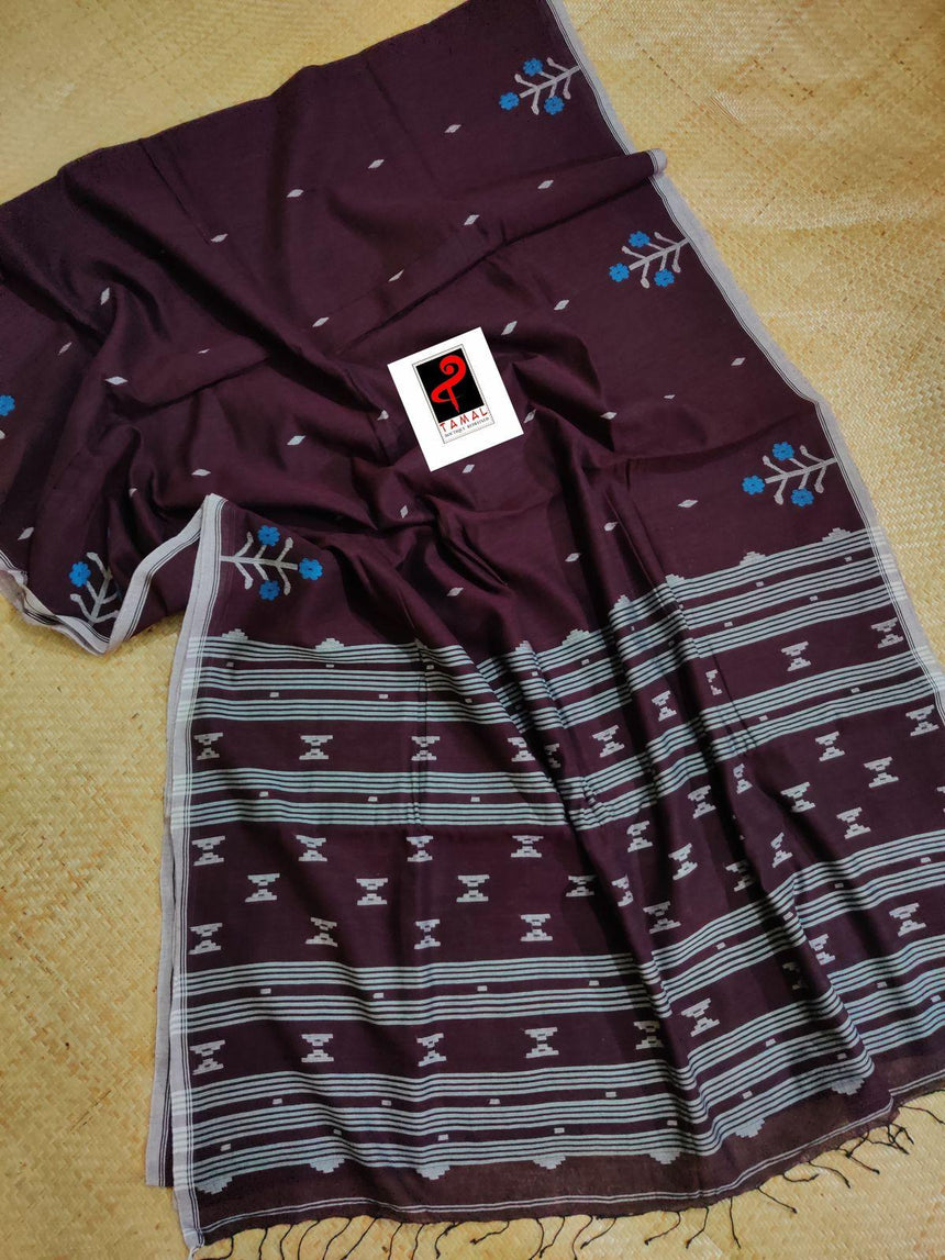 Maroon with white border tree motifs cotton handwoven jamdani saree - Tamal Boutique