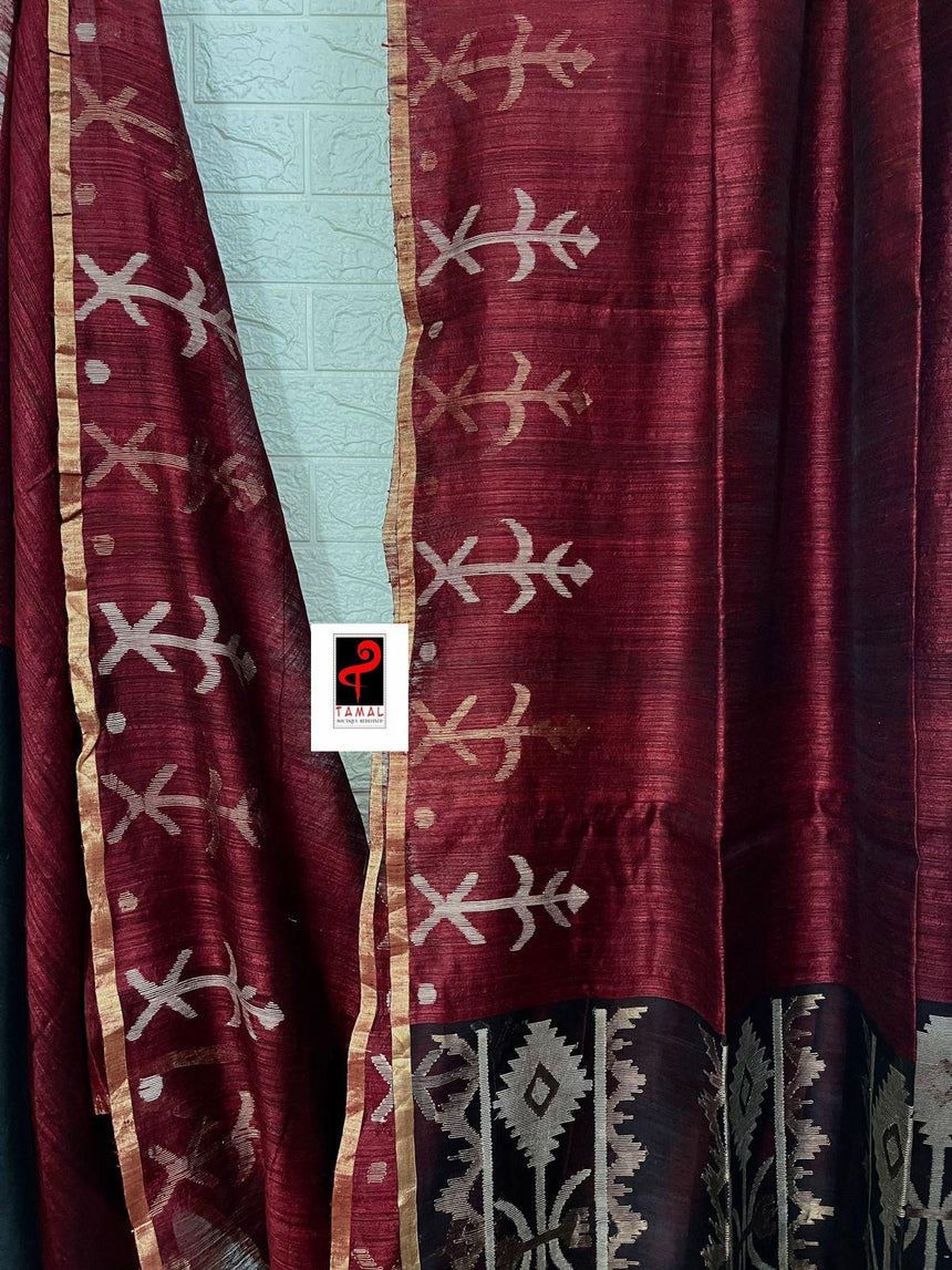 Maroon with golden zari matka silk handwoven jamdani saree - Tamal Boutique