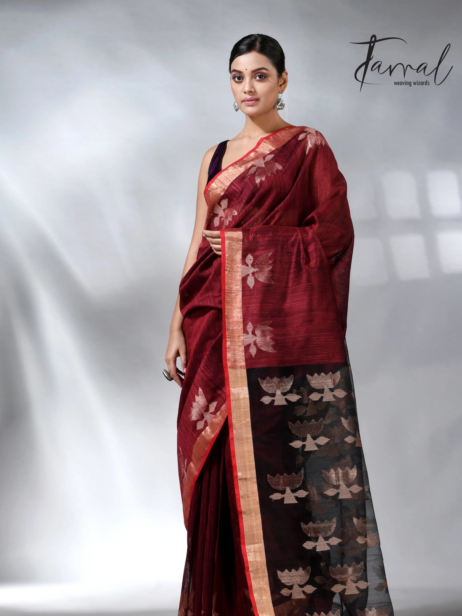 Marron with border lotus matka silk handwoven jamdani saree