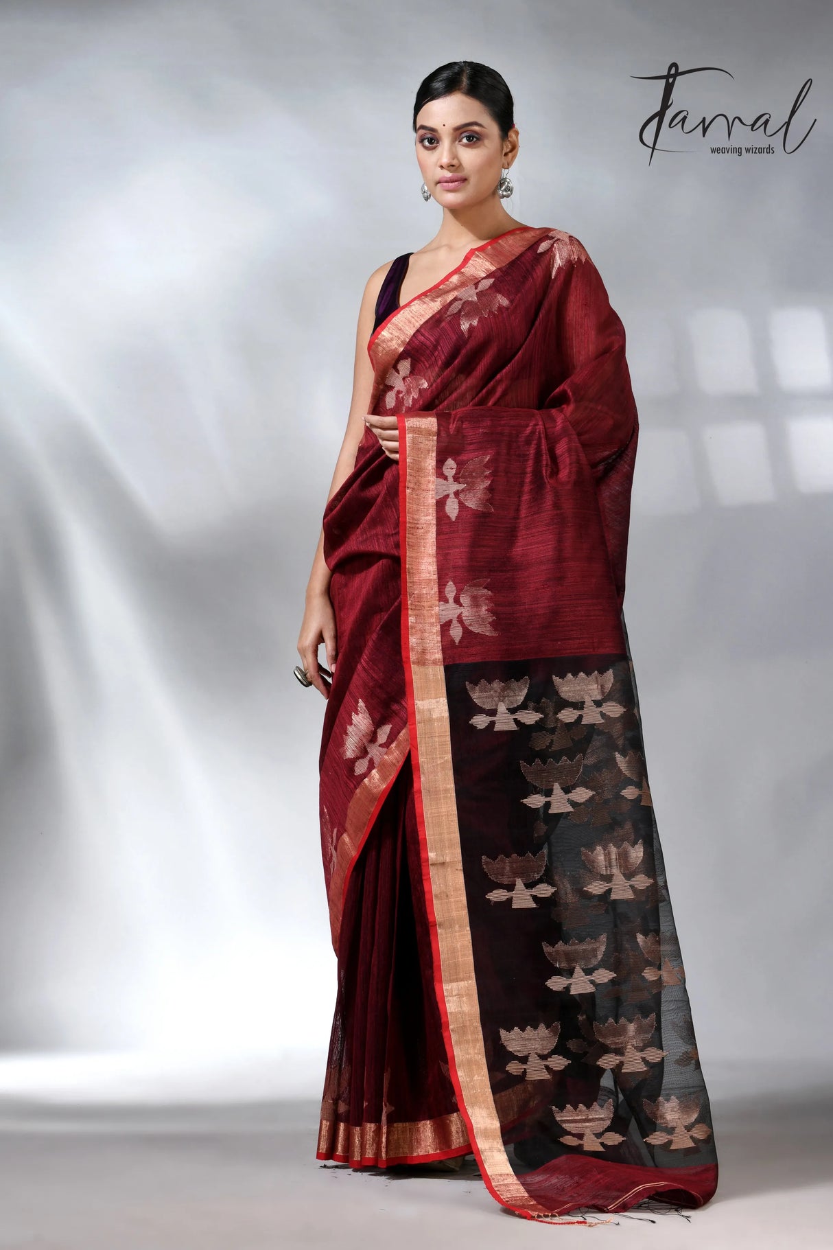 Marron with border lotus matka silk handwoven jamdani saree