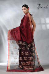 Marron with border lotus matka silk handwoven jamdani saree