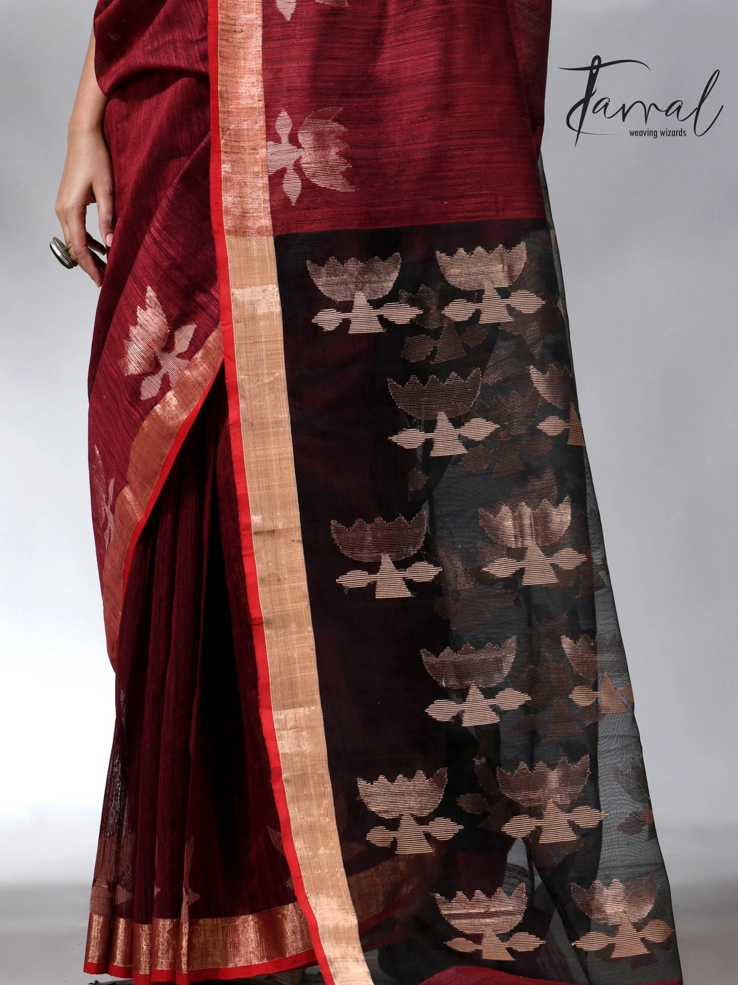Marron with border lotus matka silk handwoven jamdani saree