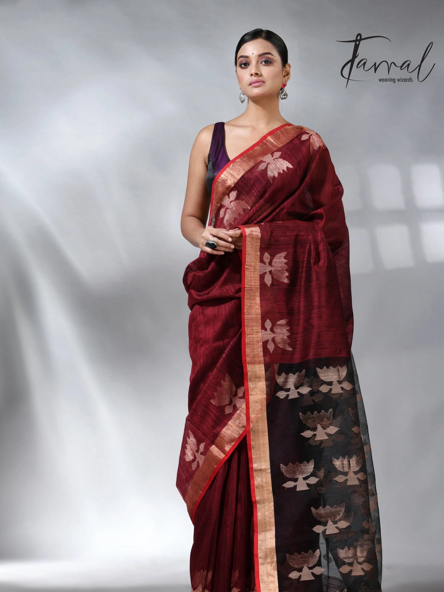 Marron with border lotus matka silk handwoven jamdani saree