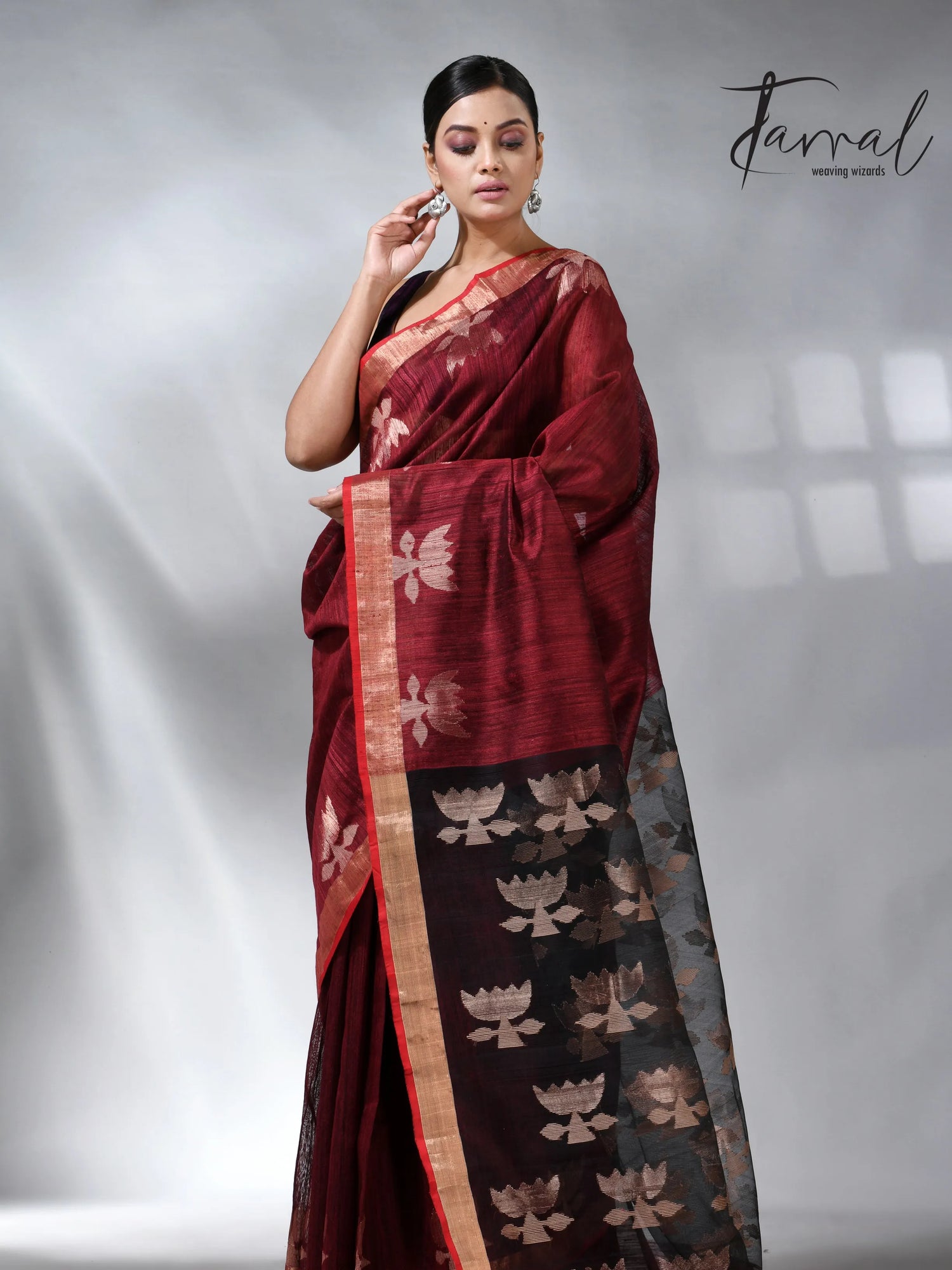 Marron with border lotus matka silk handwoven jamdani saree