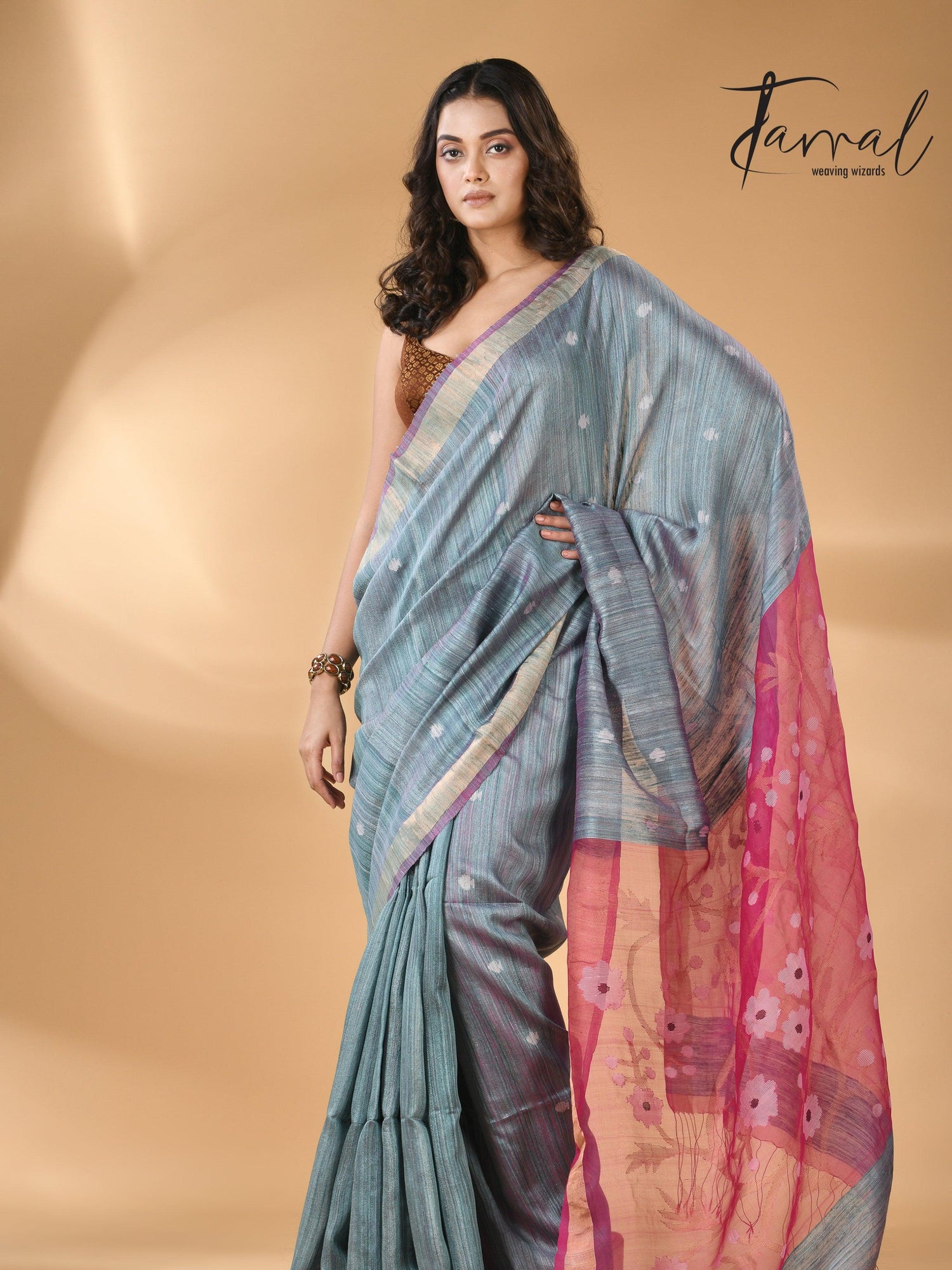 Matka Silk Handwoven needlework Jamdani Blue with Rani Pallu