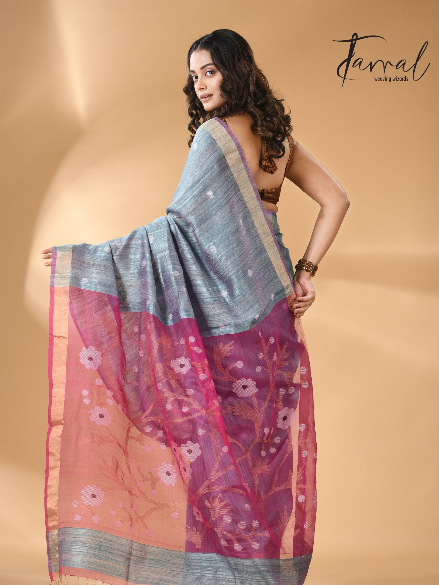 Matka Silk Handwoven needlework Jamdani Blue with Rani Pallu back