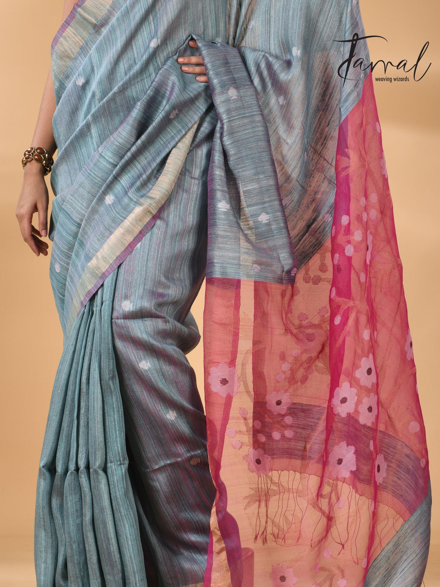 Matka Silk Handwoven needlework Jamdani Blue with Rani Pallu bottom