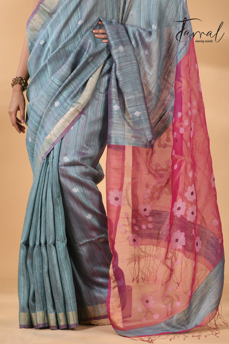 Matka Silk Handwoven needlework Jamdani Blue with Rani Pallu bottom