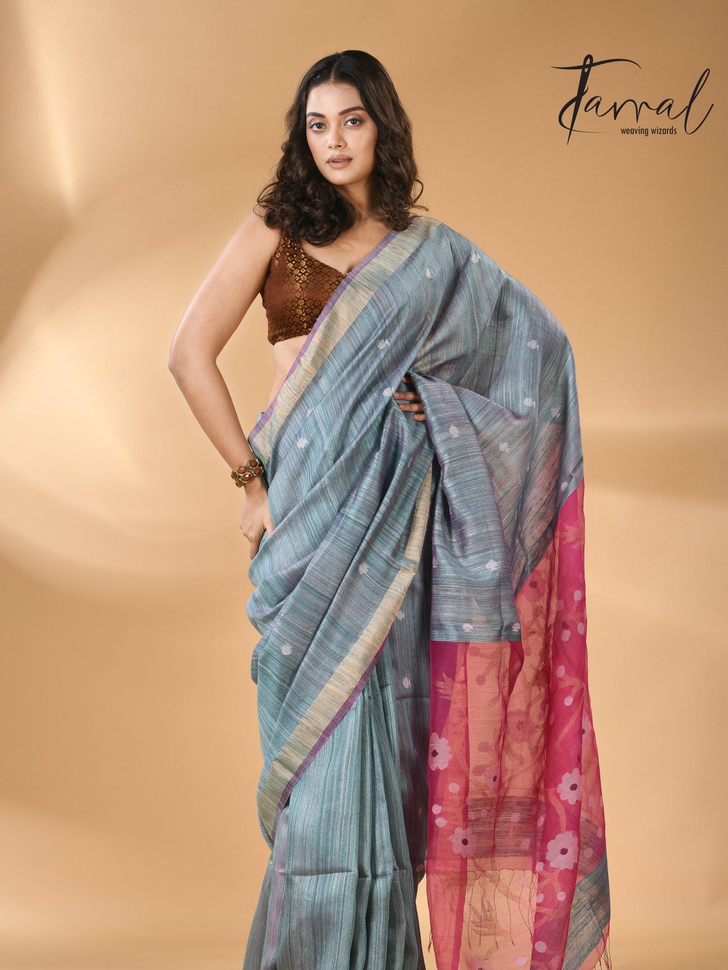 Matka Silk Handwoven needlework Jamdani Blue with Rani Pallu full1