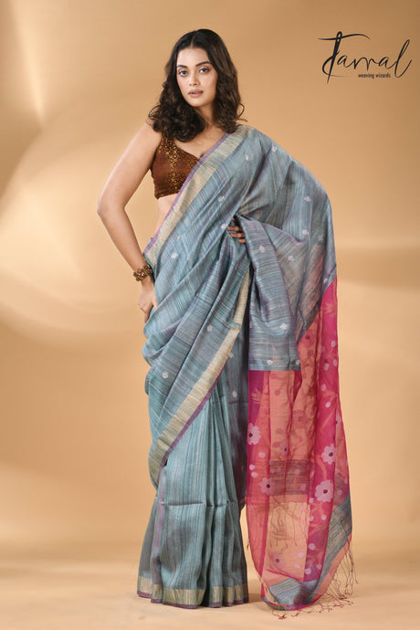 Matka Silk Handwoven needlework Jamdani Blue with Rani Pallu full1