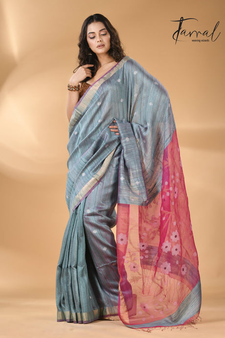 Matka Silk Handwoven needlework Jamdani Blue with Rani Pallu full2