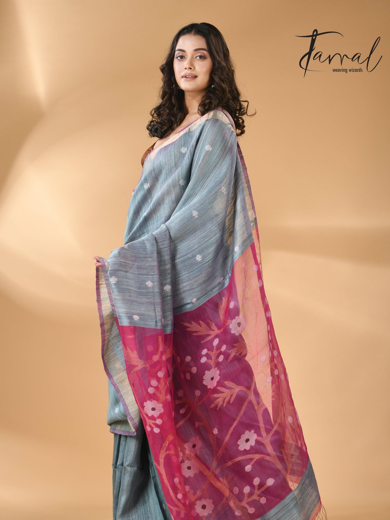 Matka Silk Handwoven needlework Jamdani Blue with Rani Pallu lft