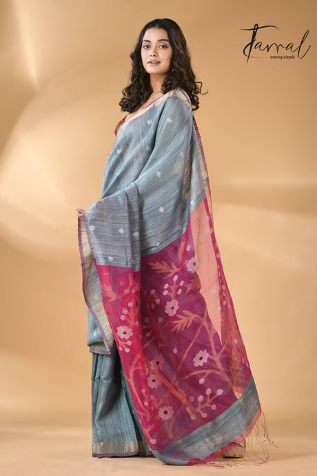 Matka Silk Handwoven needlework Jamdani Blue with Rani Pallu lft
