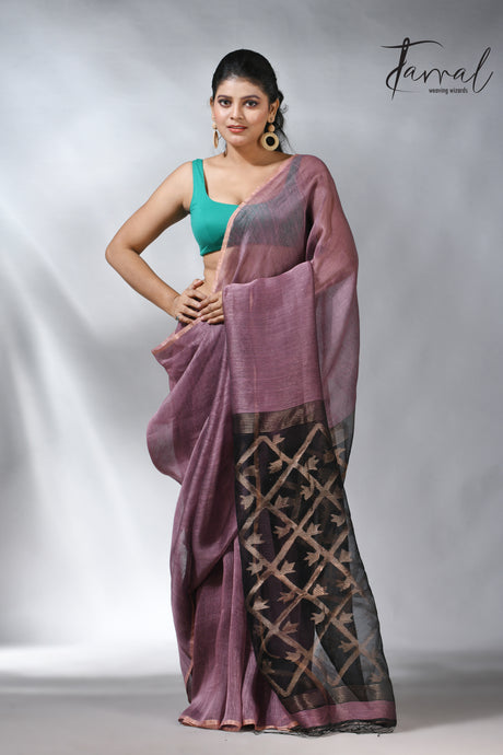 Mauve colour silk linen kora pallu handwoven jamdani saree