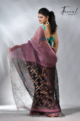 Mauve colour silk linen kora pallu handwoven jamdani saree