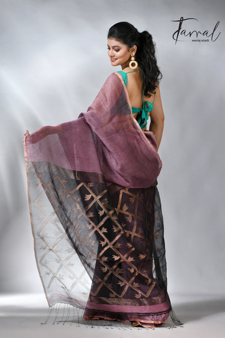 Mauve colour silk linen kora pallu handwoven jamdani saree