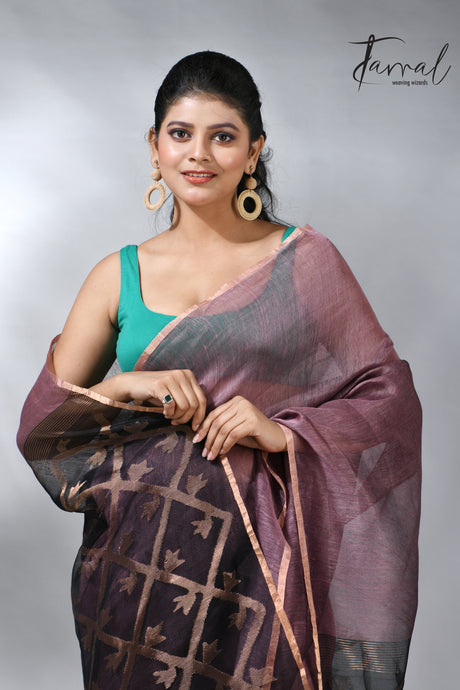 Mauve colour silk linen kora pallu handwoven jamdani saree