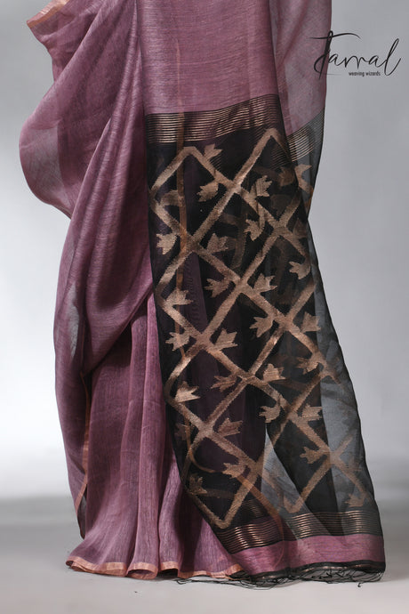 Mauve colour silk linen kora pallu handwoven jamdani saree