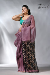 Mauve colour silk linen kora pallu handwoven jamdani saree