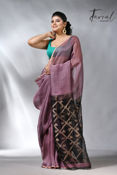 Mauve colour silk linen kora pallu handwoven jamdani saree
