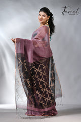 Mauve colour silk linen kora pallu handwoven jamdani saree