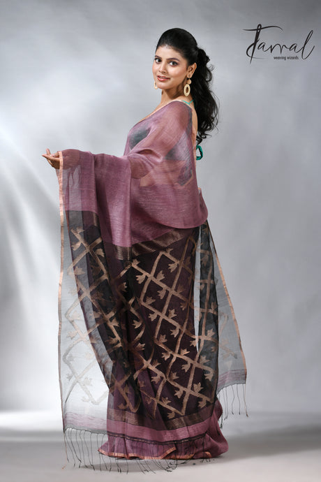Mauve colour silk linen kora pallu handwoven jamdani saree