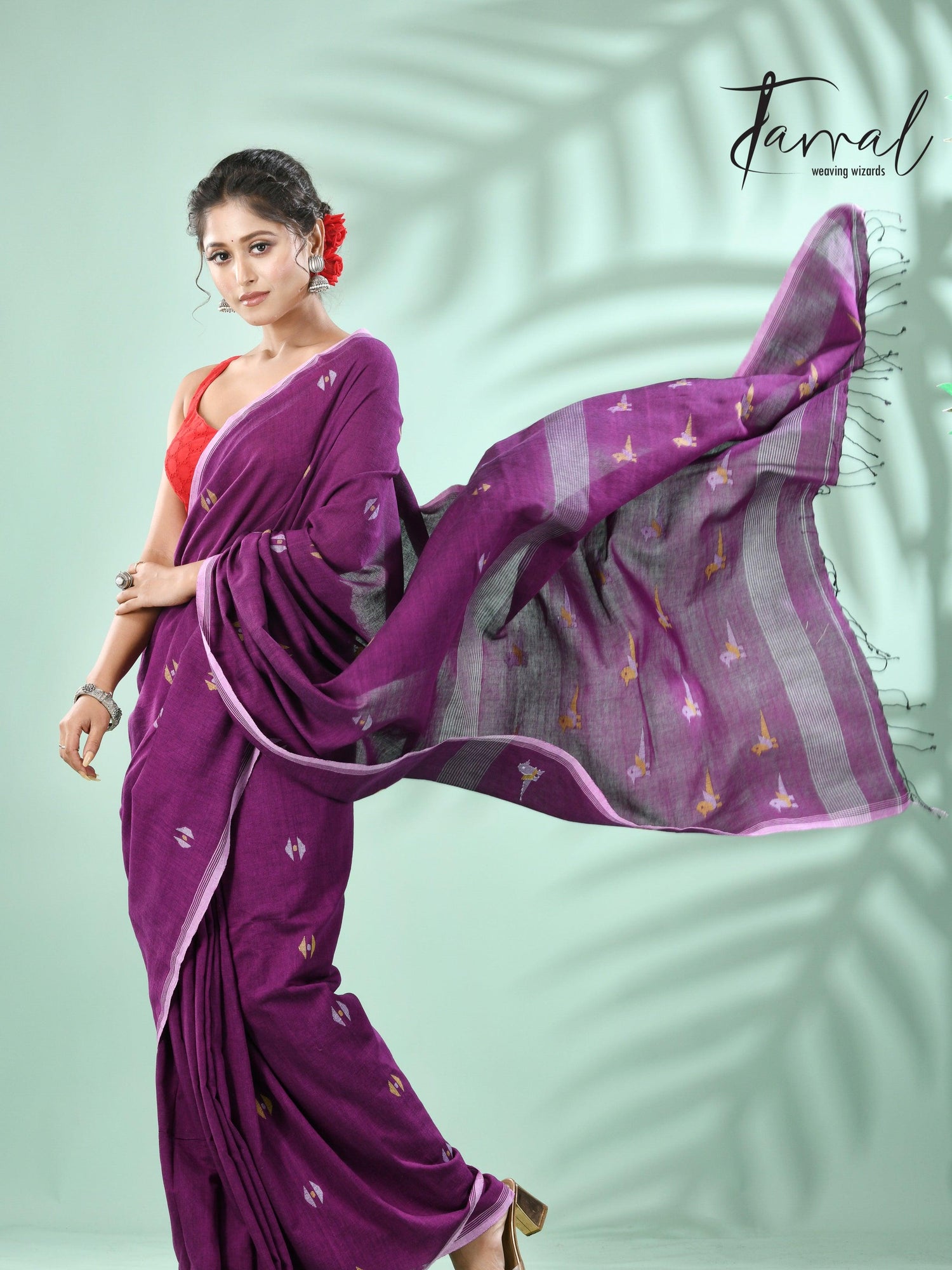 Meganta with white border pure cotton handwoven jamdani saree