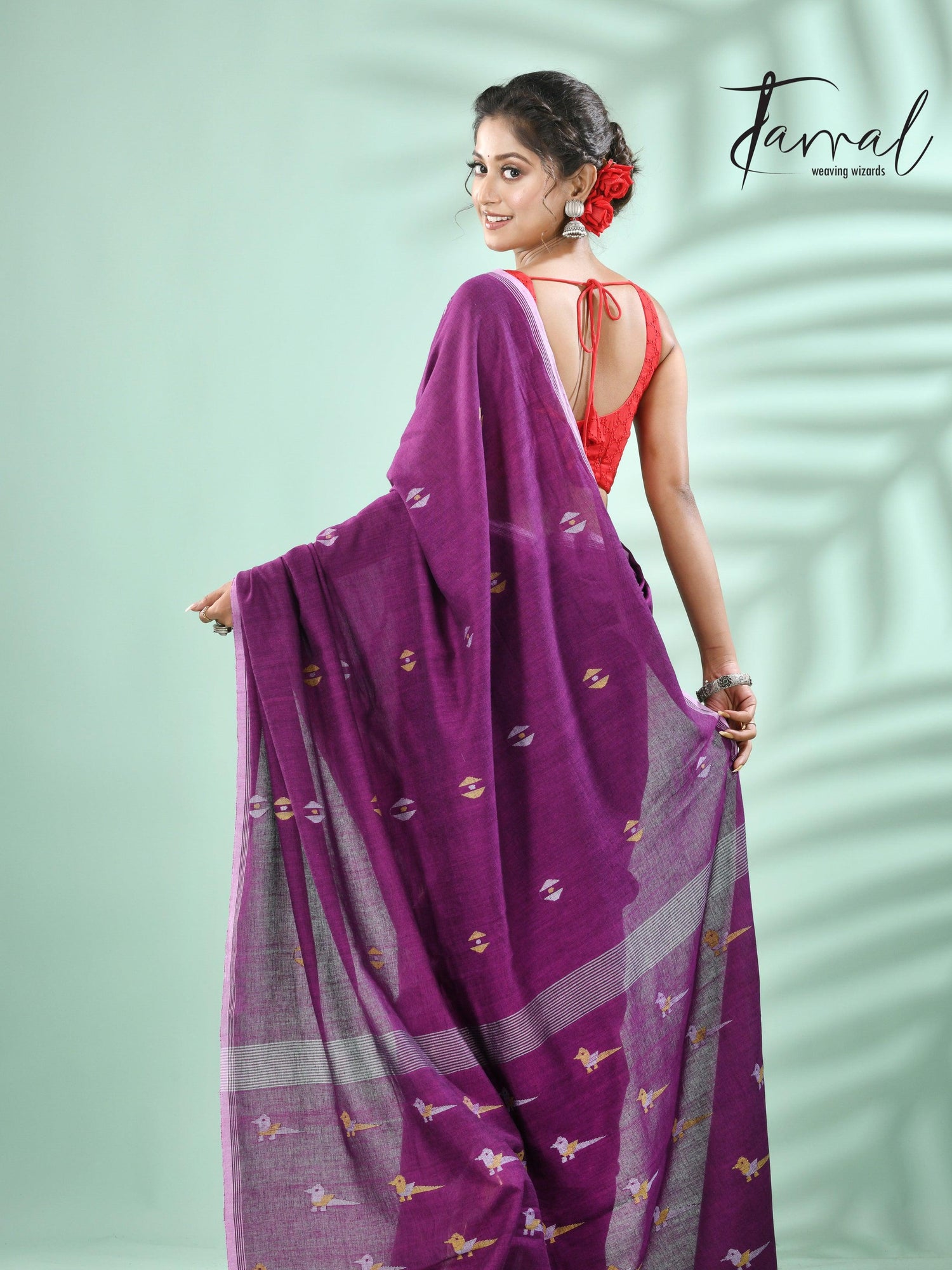 Meganta with white border pure cotton handwoven jamdani saree