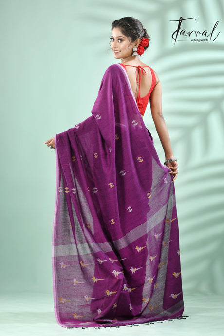 Meganta with white border pure cotton handwoven jamdani saree