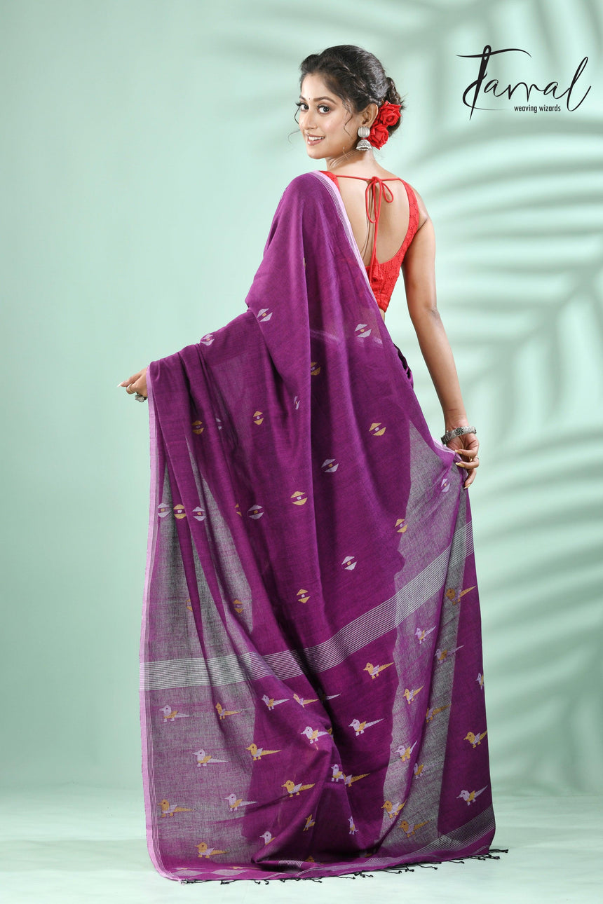 Meganta with white border pure cotton handwoven jamdani saree