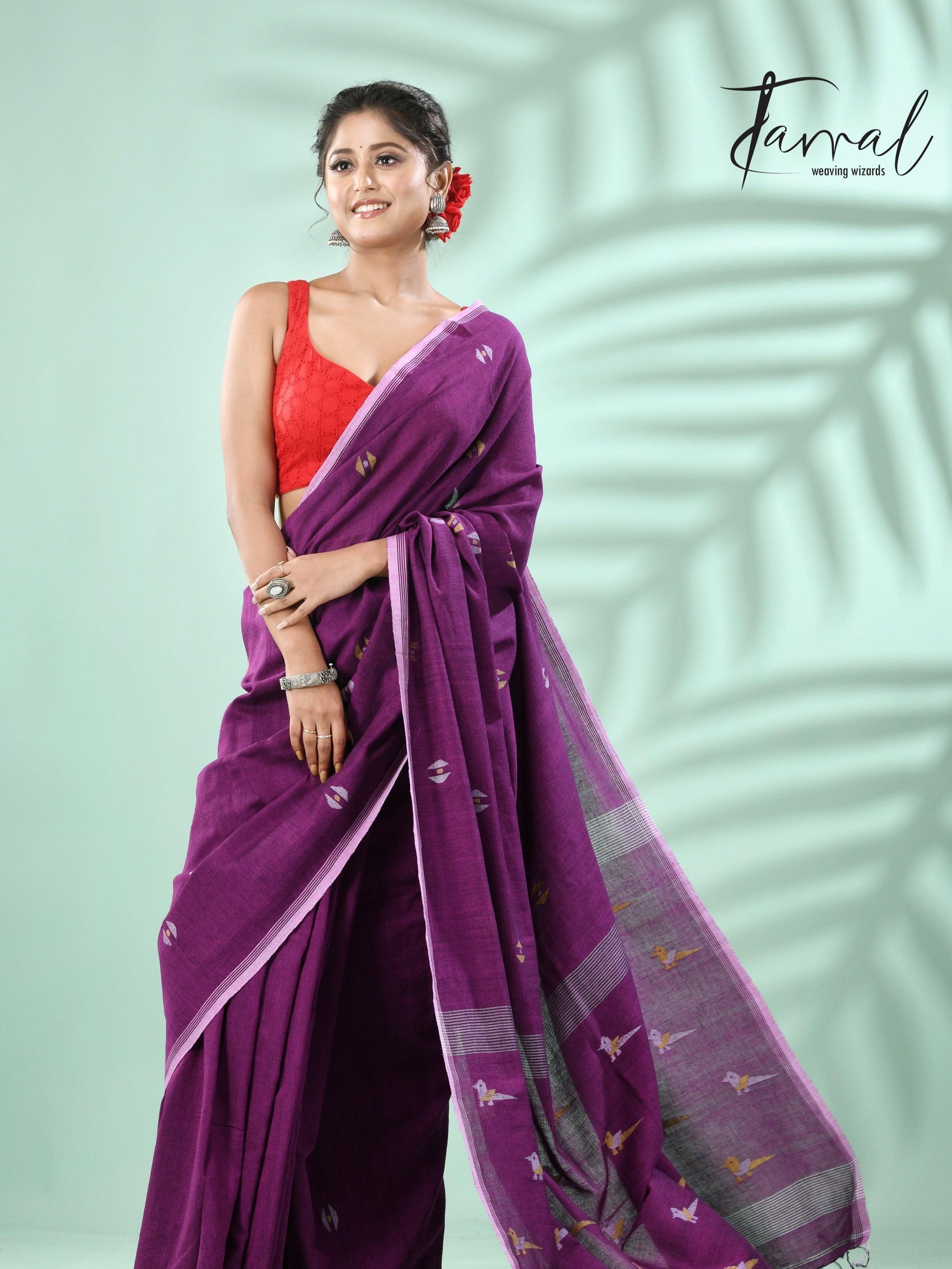 Meganta with white border pure cotton handwoven jamdani saree