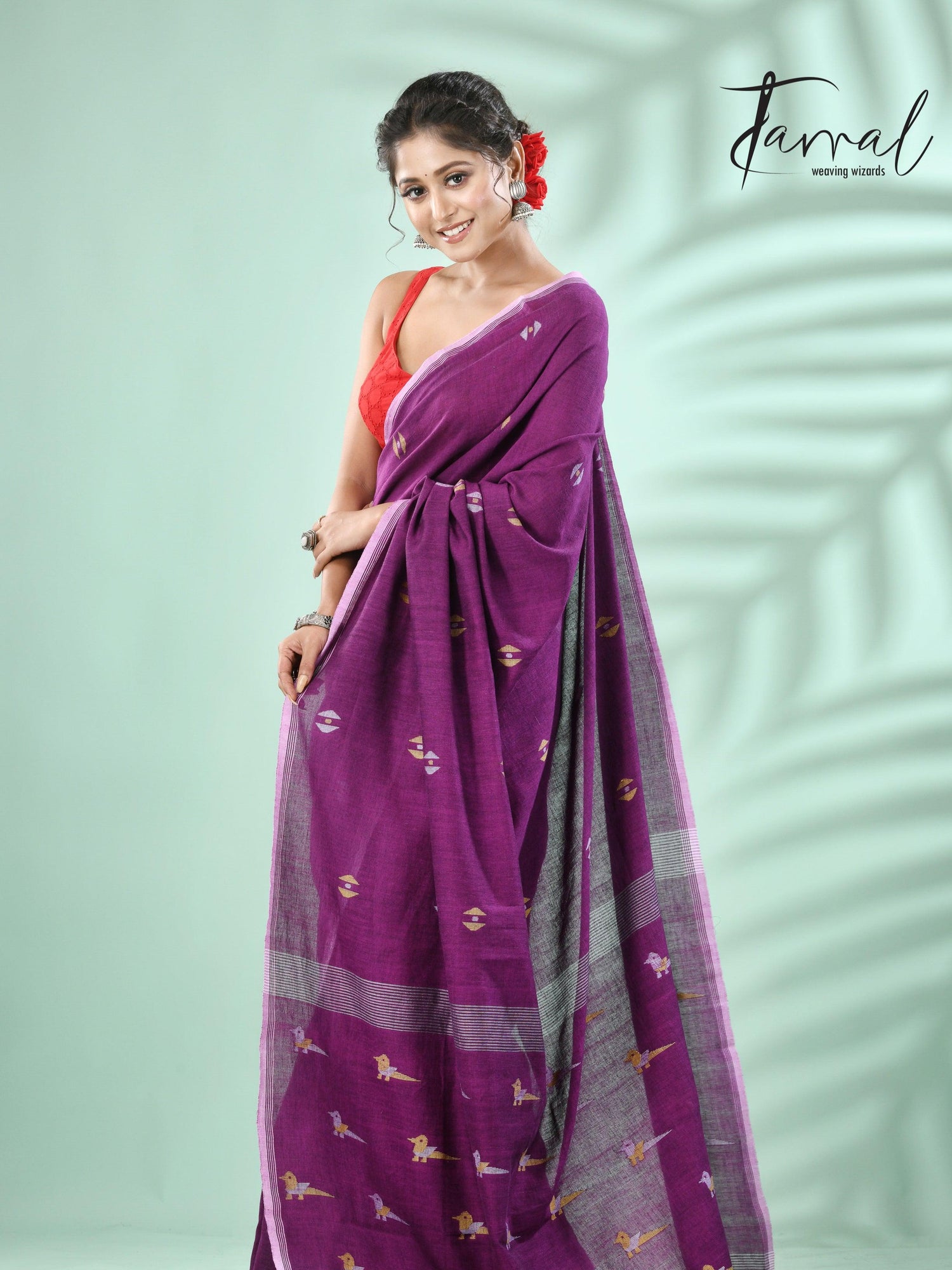 Meganta with white border pure cotton handwoven jamdani saree