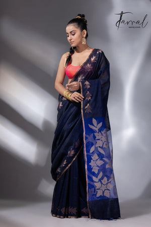 Midnight Blue Matka Silk Handwoven Jamdani Saree full4