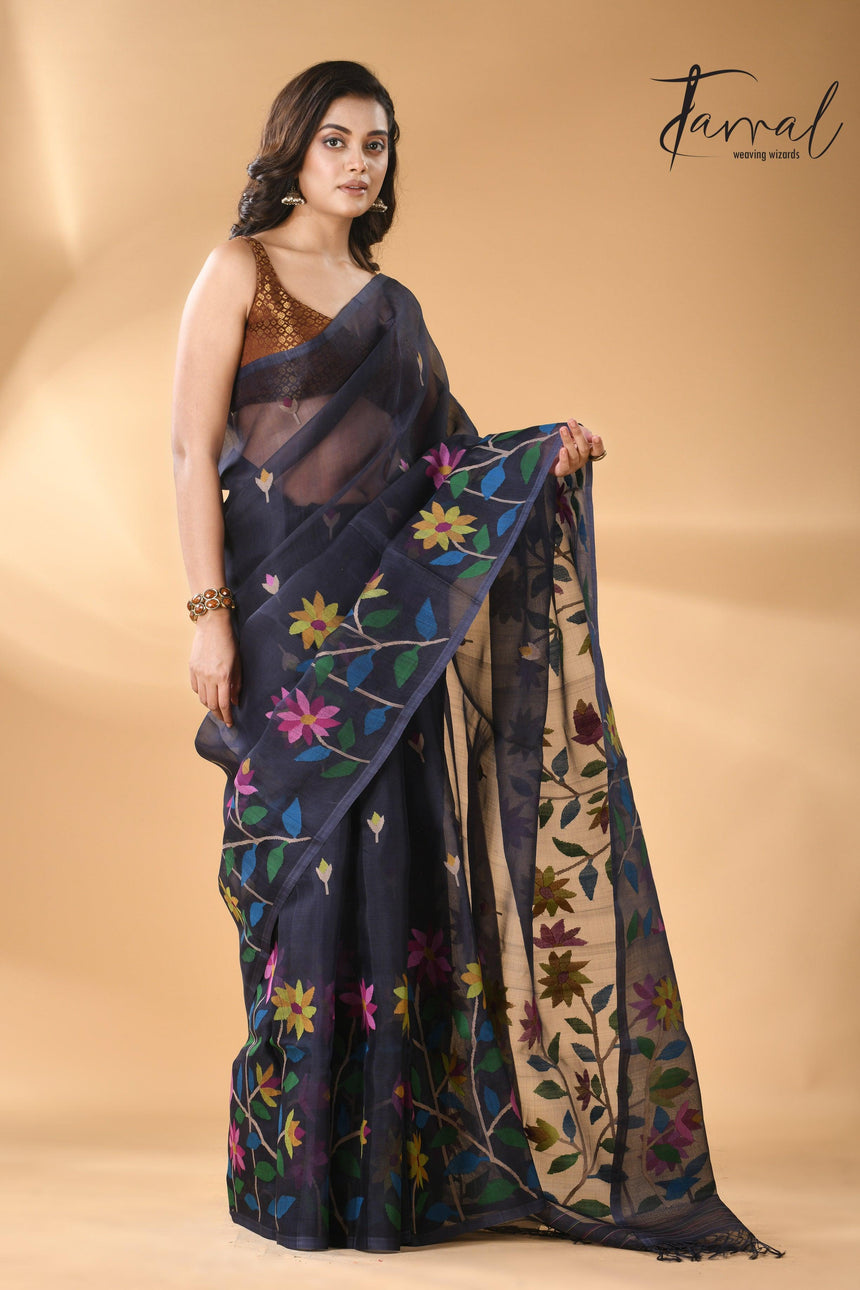 Midnight Blue handwoven needle work jamdani allover floral design