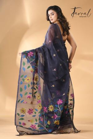 Midnight Blue handwoven needle work jamdani allover floral design back