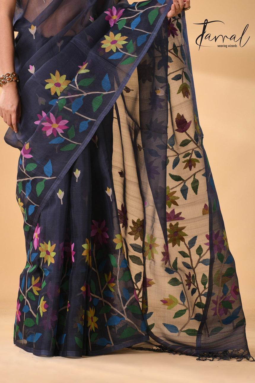 Midnight Blue handwoven needle work jamdani allover floral design bottom