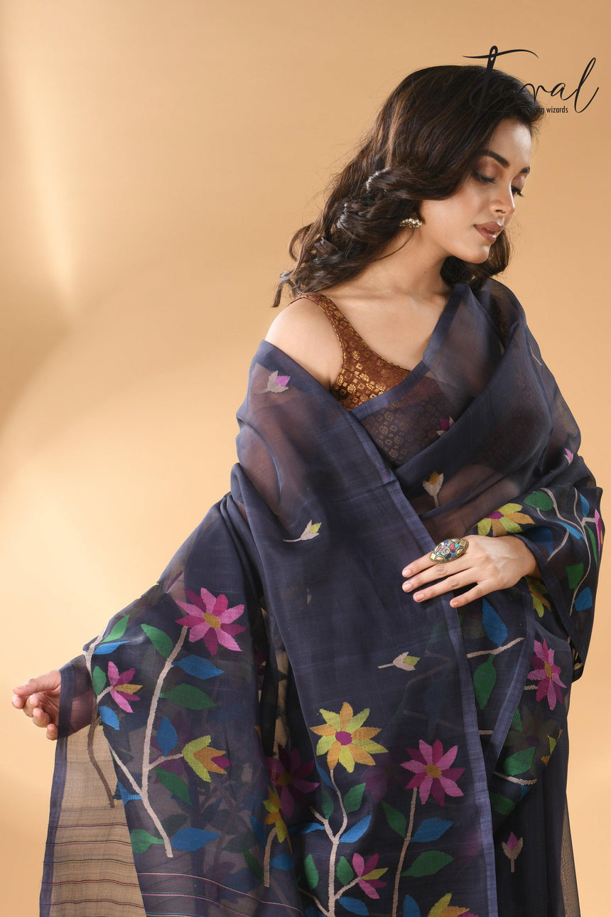 Midnight Blue handwoven needle work jamdani allover floral design cls