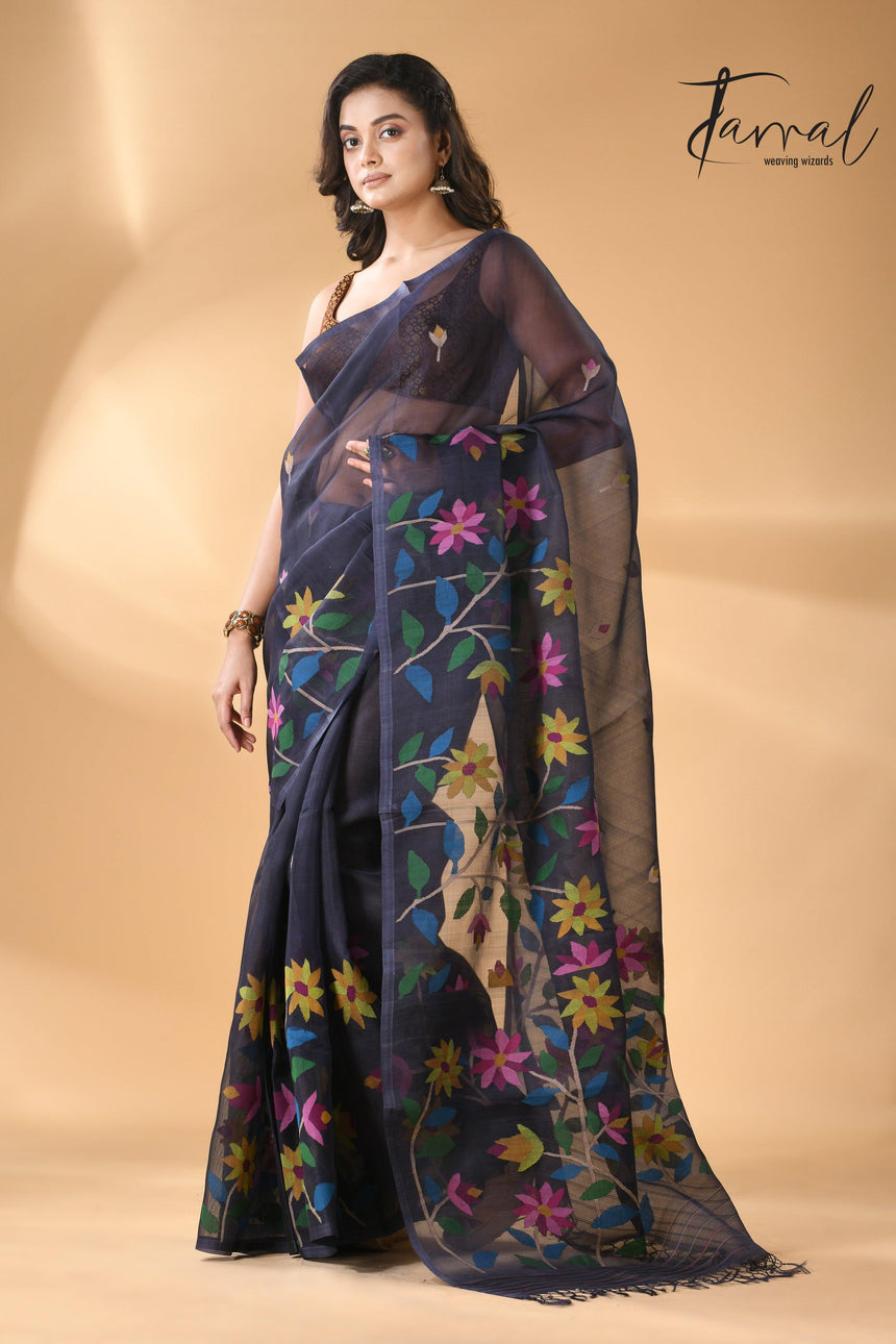 Midnight Blue handwoven needle work jamdani allover floral design full2