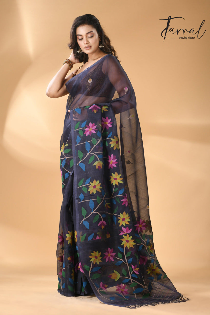 Midnight Blue handwoven needle work jamdani allover floral design left