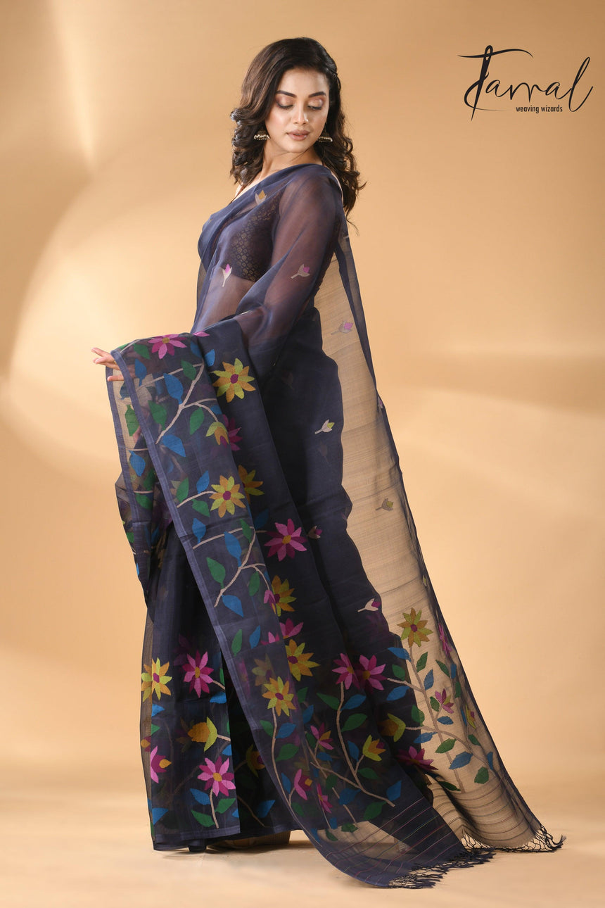 Midnight Blue handwoven needle work jamdani allover floral design left