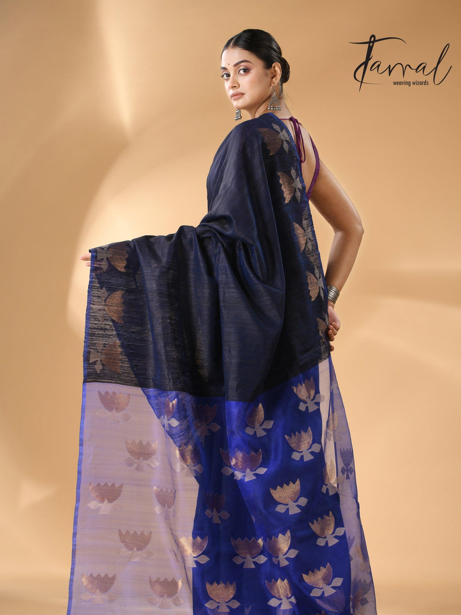 Midnight blue with royal blue gold lotus handwoven matka silk jamdani saree - Tamal Boutique